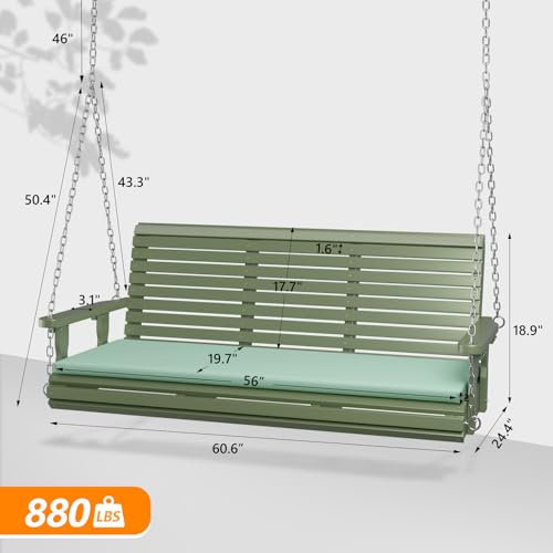 Image of VINGLI 5 FT Heavy Duty Porch Swing with Cushion, 880 LBS Wooden, Green