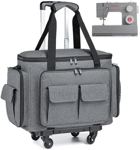 SLINRKE Estojo Para Máquina De Costura Com Rodas - Bolsa Para Máquina De Costura Com Rodinhas Com Almofada Inferior Removível E Vários Bolsos De Armazenamento, Compatível Com Singer E Brother (Cinza)