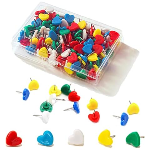 CLEYCYE Colorful Heart Push Pins, Plastic Head Thumb Tacks Map Drawing Pins,Cute Push Pins for Wall Drawing Pinboard, Map Markers or Bulletin Board(100Pcs) Cover