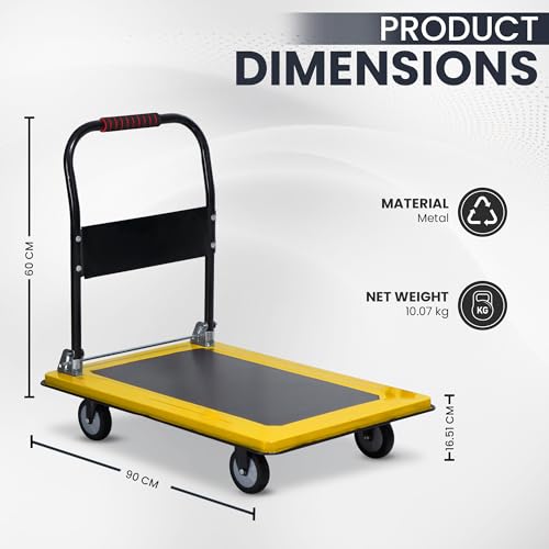 Image of Robustt 400 Kg Heavy-Duty Metal Foldable Platform Trolley (Yellow) | Hand Truck with 360 Rotating Wheels & Cushioned Grip | Material Handling Cart for Home, Office, Warehouse & Industrial Use
