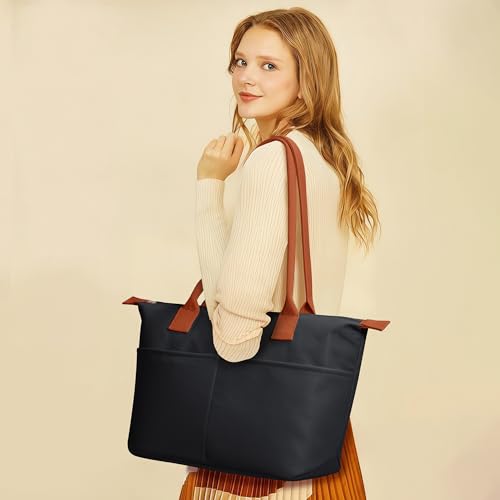 Image of Tote Bag for Women, Casual Hobo Foldable Shoulder Zipper Handbag | Water Repellent Nylon with Leather Handles Fit 15 inch Laptop for Work Weekender Travel Commute
