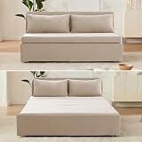 ijuicy 64'' Queen Size Pull Out Sofa Bed, 3 in 1 Linen Sleeper Sofa with Pullout Bed, Convertible Loveseat Couch Beds with Pillows and Tri-fold Mattress for Small Space Apartment, Beige