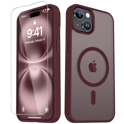 Image of for iPhone 15 Plus Case, iPhone 14 Plus Case, Matte Magnetic Phone Cover with 1 Screen Protector [Support for MagSafe] [Shockproof Military Grade Protection] Translucent Frosted Back, Wine Red
