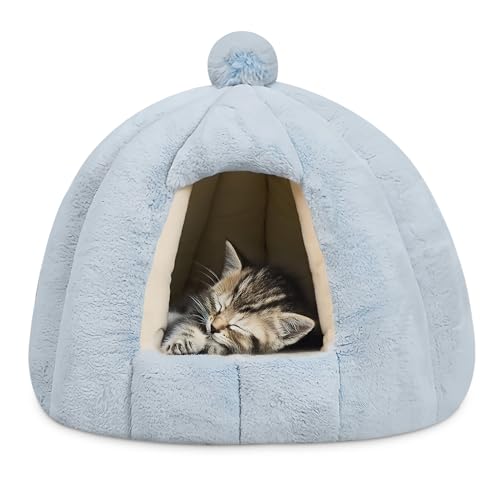 ALLSOPETS Cuccia Grotta per Gatti e Cani, Cuccia Igloo da Interno con Cuscino Removibile Lavabile, Nido Caldo e Accogliente per Animali di Taglia Piccola e Media (Blu Ghiacciaio, M)