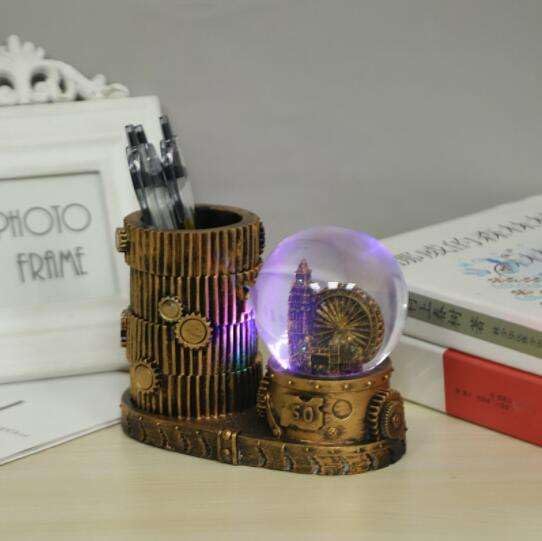 Sajani Music Crystal Snow Globe with Hourglass Timer, Vintage LED Crystal Ball Hourglass Timer, Home Decoration for Living Room, Bedroom, Book Shelf, Desktop Decor (Globe with Pen Holder)