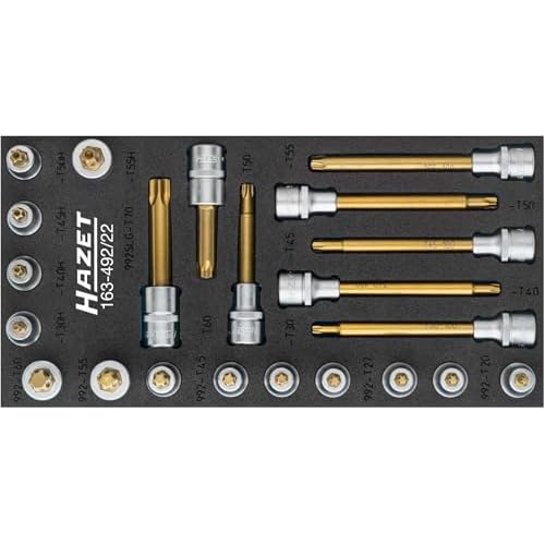 Hazet Schraubendreher-Steckschlüssel-Einsatz-Satz, (Robertson) 12,5 = 1⁄2 teilig 163-492/22 ∙ Vierkant 12,5 mm (1/2 Zoll) ∙ Innen, Tamper Resistant TORX Profil ∙ Anzahl Werkzeuge: 22, tin beschichtet