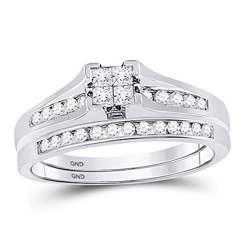 10K White Gold Princess Cut & Round Diamond Bridge setting Bridal Engagement Ring & Matching Wedding Band Two Piece Set - Invisible Set Square Princess Center Setting Shape with Channel Set Side Stones (.47 cttw.)