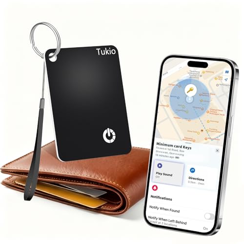 Smart Air Tracker Tag Card Black 1 Pack, Wallet Locator Compatible with Apple Find My (iOS Only), IP68 Waterproof Bluetooth Finder with Wireless Charging, GPS Tracker with Key Ring and Nylon Lanyard