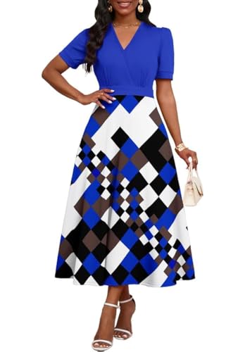 Image of MarryUP Women's Midi Dresses - V Neck Cocktail & Church Tea Dresses - Short Sleeve A-Line Swing Dress