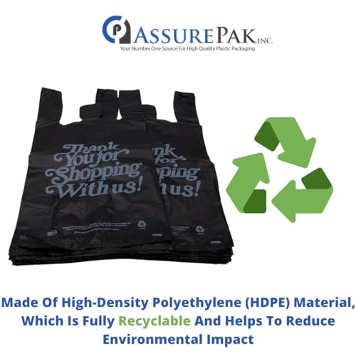 ASSUREPAK Easy Opening Plastic Bag - Black T-Shirt Bags- Heavy Duty Oversized Thank You Bag - 400 Bags - 13\"x10\"x23\" - 21 microns