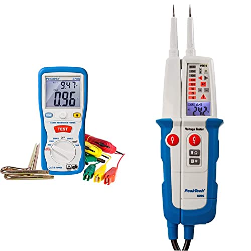 PeakTech P 2700 2700 - Digitales Erdungsmessgerät mit beleuchtetem Dual LCD-Display & 2 Erdungsstäben - CAT III 1000 V & 1096 – 2-poliger AC/DC Spannungsprüfer mit Dual Anzeige & FI-Test