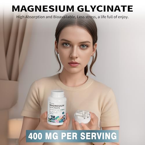Image of Magnesium Glycinate 400 MG per Serving 100% Chelated for High Absorption, Gentle On Stomach, Non-GMO, 180 Vegetarian Capsules