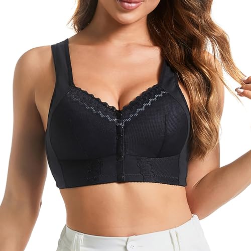 2026 - Sujetador para mujer con hebilla lateral frontal, borde de encaje, sin anillo de acero, movimiento, fruncido sin costuras, ajuste, yoga, dormir, conjunto de sujetador grande para mujer, Negro