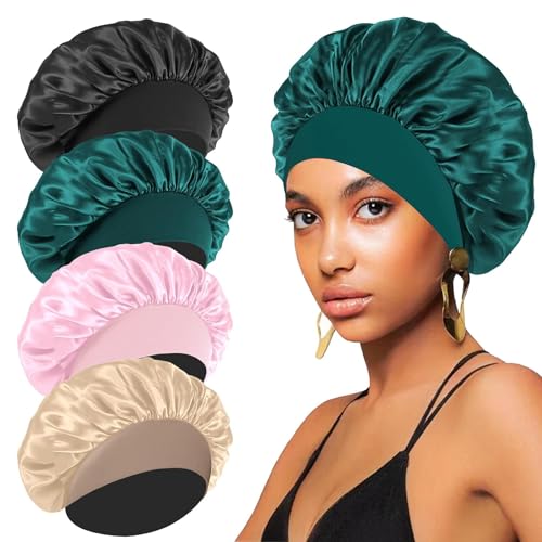 4PCS Silk Satin Bonnets for Black Women & Men - Elastic Wide Band Hair Wrap Cap for Curly Hair - Shower Cap for Sleeping (Black, Peacock Blue, Pink, Khaki)