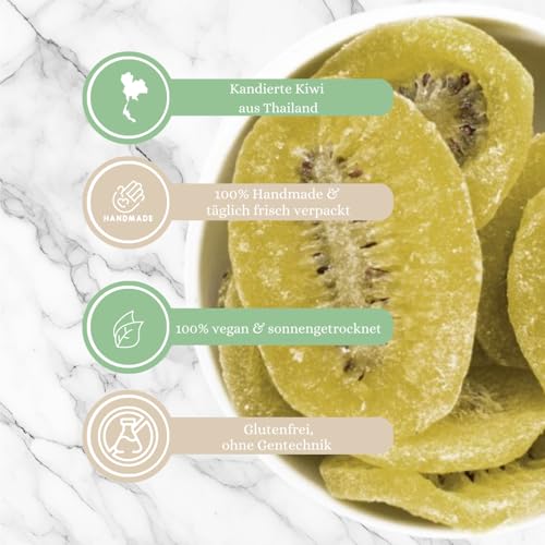 1001 Frucht Kandierte Kiwi Scheiben 250 g leicht geschwefelt I Aromatische Kandierte Früchte I Premium Trockenfrüchte Kiwi als gesunder Früchte Snack Müslifrüchte Knabberei