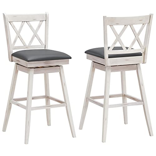 Giantex Lot de 2 Tabourets de Bar Rotative à 360° avec Cadre en Bois Hévéa, Chaise de Bar avec Dossier Ergonomique, Coussin Rembourré et Repose-Pieds pour Salon/Bar/ Salle à Manger (Blanc)