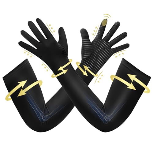 Zuscot Copper Long Compression Arthritis Gloves for Women Men Full Finger Hand Compression Gloves with Touch Screen Tip, black, L