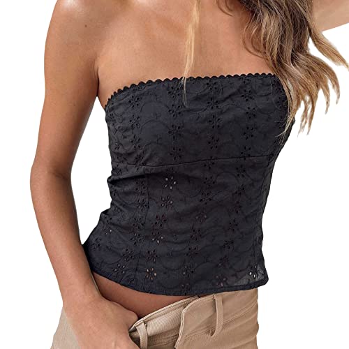 Women Casual Shirts Spaghetti Strap Lace Trim Sheer Mesh See Through Sleeveless Crop Tops Going Out Tank T (Black, L)