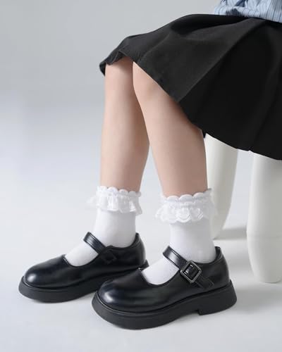 Girls White Ruffle Lace Frilly Socks, Princess Dress Socks, Cotton School Uniform Crew Socks for Toddler Little Girls 6 Pack.2