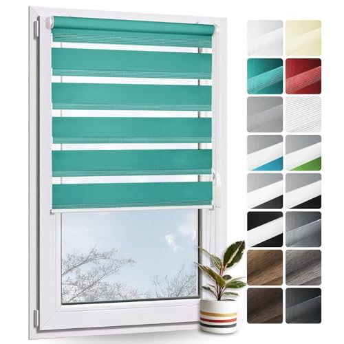 Rollmayer Doppelrollo Klemmfix ohne Bohren Klemmrollo Fensterrollo (Türkis - 50 x 150 cm - BxH) Duo Rollo Sonnenschutzrollo Zebrarollo Seitenzugrollo für Fenster und Tür