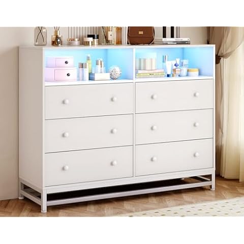 Jojoka Wide Dresser for Bedroom with Charging Station, 6 Drawer Dresser with LED Lights, Modern Large Capacity Storage Cabinet, Closet,White Cover