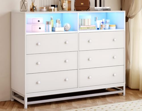Image of 6 Drawers White Wood Dressers for Bedroom with LED Light & Charging Station, Modern Chest of Wide Drawers for Girls Bedroom Living Room, Entryway, Hallway, 47" Wide Wooden Dresser TV Stand (White)