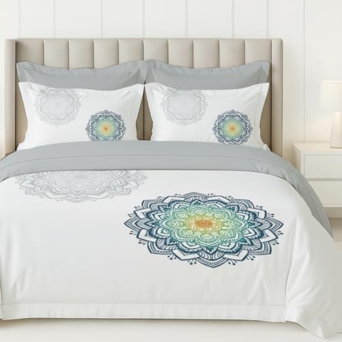 Image of LANE LINEN 100% Cotton Printed King Size Bedsheet - White Grey | OEKO-Tex Certified, 250TC, Fits King & Double Bed, Mandala Print, Breathable & Wrinkle-Free, Includes 2 Pillow Covers