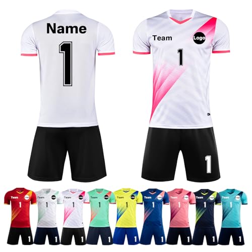 Custom Football Jersey for Adult Kids Men Women Youths Personalised Football Uniform Shirt and Shorts with Name Logo Team Number White Pink