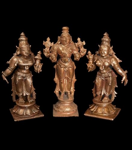 Image of Copper God Idols Rukmani sathyabama sametha navaneetha Kannan 3.9 inches, 450 Grams, Patina Antique Finish, Pack of 3 Piece