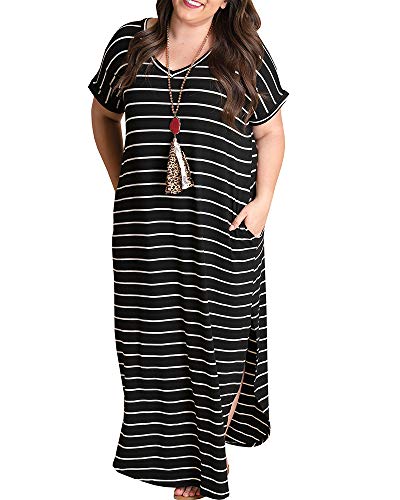 Tongmingyun Womens Plus Size Maxi Dresses Striped V Neck Short Sleeve T Shirt Casual Summer Long Dress with Pockets Black