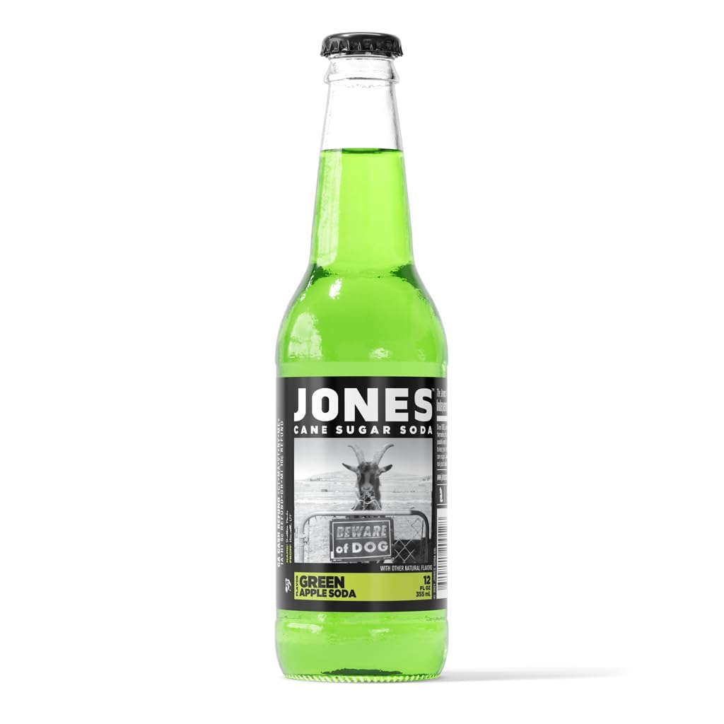 Jones Soda Co. Green Apple Flavor | 12-Pack | The Original Craft Soda | Made with Pure, 100% Cane Sugar | Pop Beverages/Soft Drinks | 12 Oz Glass Bottles