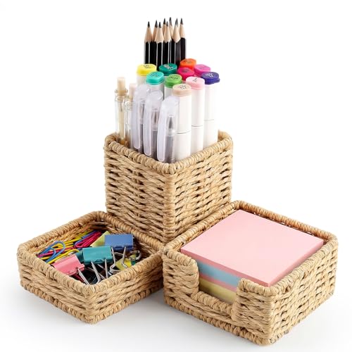 Singhoow Khaki Paper Rope Woven Desk Organizer Set of 3 Natural Desktop Accessories Pencil Pen Cup Paper Clip Storage and Sticky Note Holder for Women Men Farmhouse Office Home Desktop Table Decor