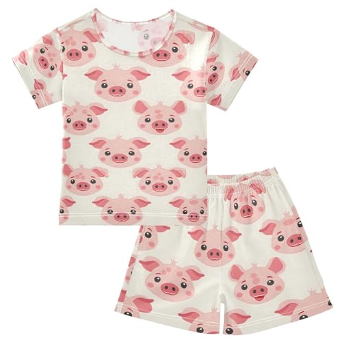 ALAZA Cartoon Pig Piggy Pajamas Set Short Sleeve Cotton Sleepwear Summer Pjs 2 Piece 5-14Y
