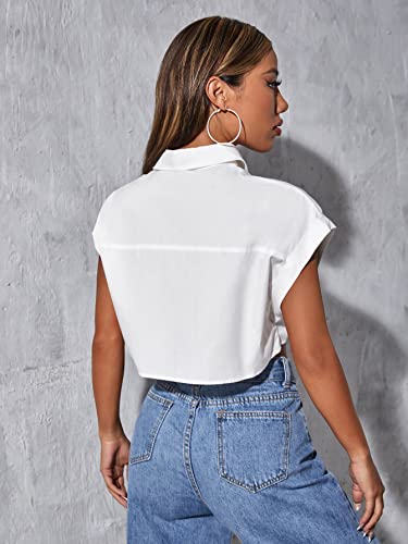 Verdusa Women's Pocket Front Roll Up Cap Sleeve Button Down Crop Blouse Top2