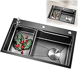5. Fregadero de cocina de montaje superior: Modelo de encastre, de montaje superior o bajo encimera. Incluye dos orificios pretaladrados para grifo, dispensador de jabón y enjuagador de vasos o purificador de agua. Este fregadero de estación de trabajo se adapta a cualquier tipo de encimera y se instala y desmonta fácilmente sin dañarla.