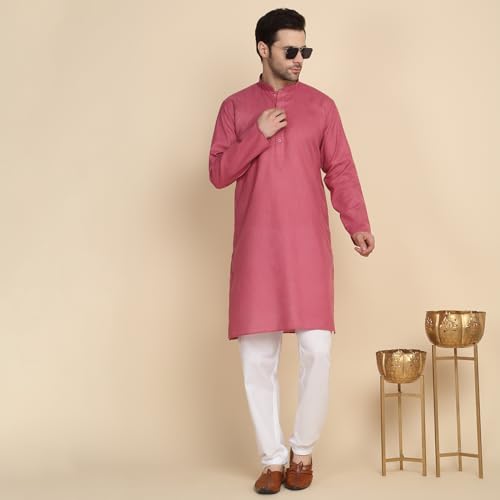 Image of KRAFT INDIA Men's Cotton Solid Kurta With Drawstring Pyjama Set