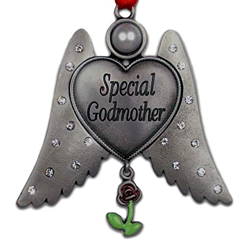 BANBERRY DESIGNS Godmother Christmas Ornament - Angel Wings with Rose Charm and Special Godmother Engraved - God Mom Angel