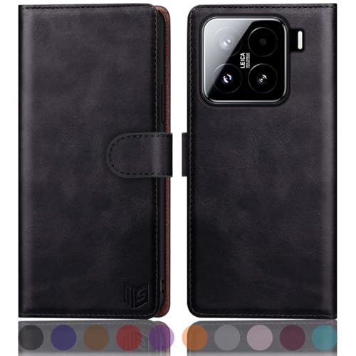 SUANPOT Funda para Xiaomi 15 con Tapa【Bloqueo RFID】de Cuero PU Cierre Magnético，Soporte Plegable，Ranura para Tarjeta Cover para Xiaomi 15 Phone Case Negro