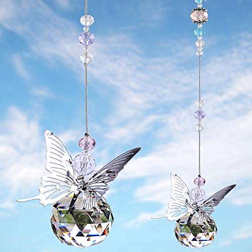 Hisredsun 2 PCS Butterfly Pendant Crystal lighting ball Chandelier Decor Rainbow Sun catcher Prisms Window Hanging Pendant with a white silk bag(Butterfly lighting ball)