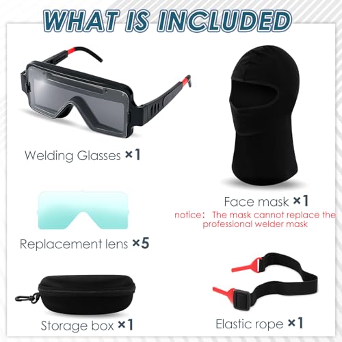 Image of Tellegloww 1 Set Auto Darkening Welding Glasses with Replacement Lenses, Solar Welding Goggles for Tig Mig Mma Plasma Cutting