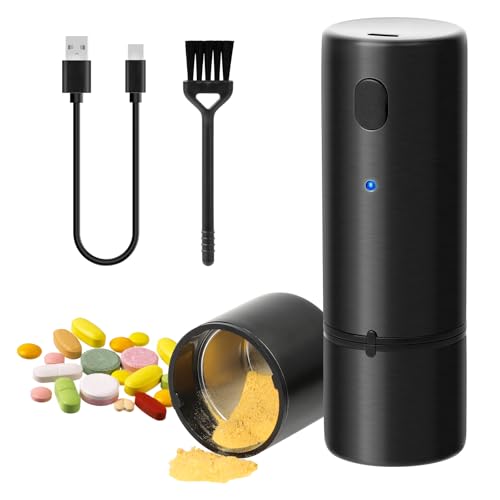 Vucchini Electric Pill Crusher Fine Powder Portable Stainless Steel Pill Grinder Pulverize Medication and Vitamin Tablets for Seniors Pets (Black)