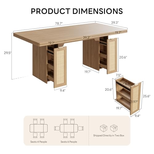 LIKIMIO 78.7" Farmhouse Dining Table for 6-8 People, Extra Thick Wood Top with 2 Hidden Adjustable Storage Drawers, Modern Woven Rattan Table for Dining Room, Kitchen, Living Room, Rustic White - Image 3