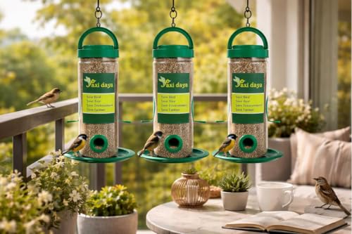 Image of Bird Feeder for Balcony & Garden - Pack of 3 | Hanging Seed Container with Perch & Tray | Outdoor Bird Feeding Jar for Sparrows & Small Birds