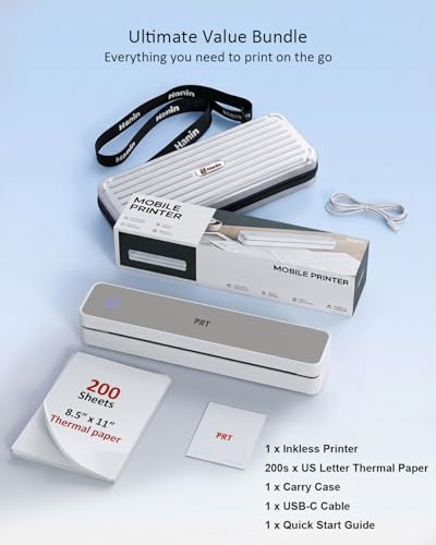 Image of PRT MT610 Inkless Portable Printer Wireless Thermal Mobile Printers with Carry Case & 200 Sheets Paper, Supports 8.5 inchx11 inch US Letter & A4, Bluetooth Travel Printer for Laptop, iOS & Android, Grey