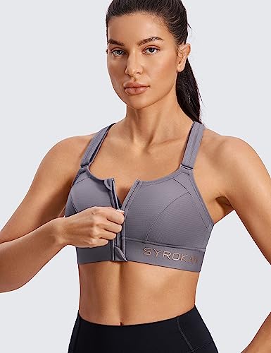 Image of SYROKAN Womens' Sports Bra High Impact Support Zip Front Adjustable Large Bust Racerback Wirefree Padded The Wild Wood 34DD