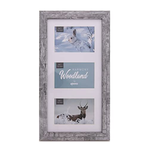 Kenro Harmony Woodland Silver Grey Rustic Wood-Effect Photo Frame (3 Photos) - 6x4 Inch / 10x15cm Premium Photo Frames with Minimalistic Design | Overall size: 20x40cm - HW1015GY/3