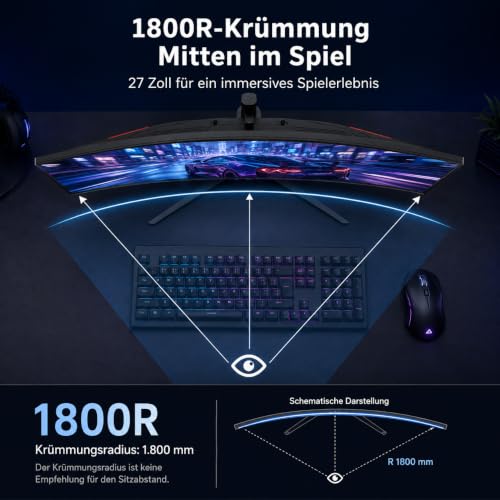 ZZA 27 Zoll Curved Gaming Monitor, 280Hz FHD PC-Monitor, 1800R 120% sRGB – Ansicht 5