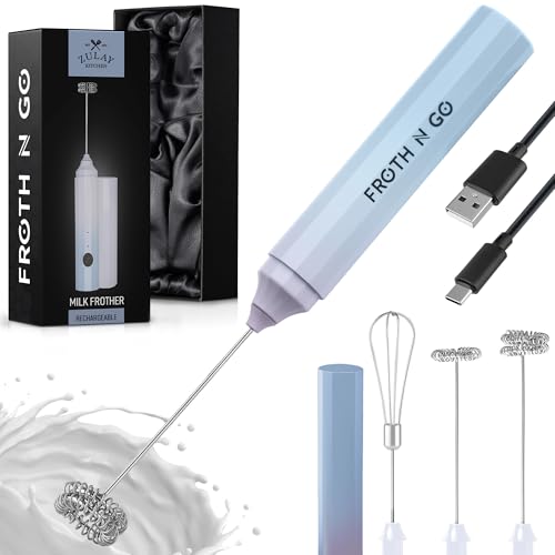 Image of Zulay Froth N Go Milk Frother - Rechargeable 3-in-1 Handheld Frother Wand with Travel Case & USB-C Charger - Single, Double & Egg Whisk for Latte, Cappuccino, Matcha, Protein Shakes - Dove Cloud