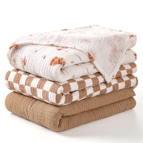 Image of lulumoon Muslin Swaddle Blankets for Baby: Lightweight & Breathable Receiving Blankets for Hospital - Neutral Registry Gift for Newborn 3pack (Brown Bunny)