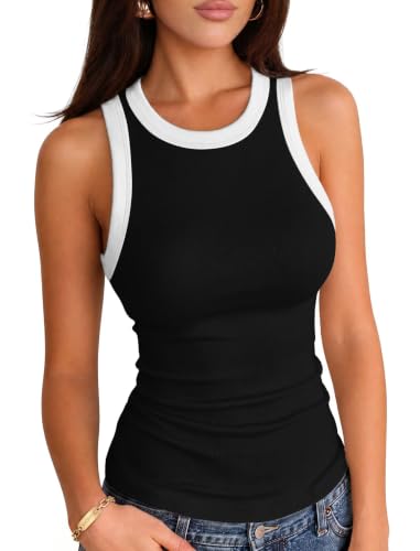VICHYIE Women Summer Ribbed Knit Racerback Fitted Tank Top Black White L